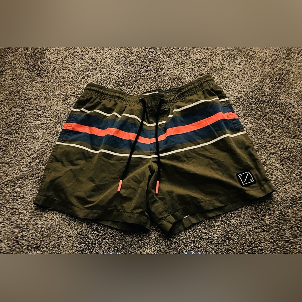 American Eagle Striped Swim Shorts with Drawstring, side pockets